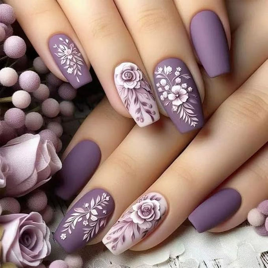Purple Press on Nails Short Coffin Fake Nails 3D Flower Acrylic Nails Floral Leaf False Nails Matte Stick on Nails Square Artificial Nails for Women Girls Manicure 24Pcs
