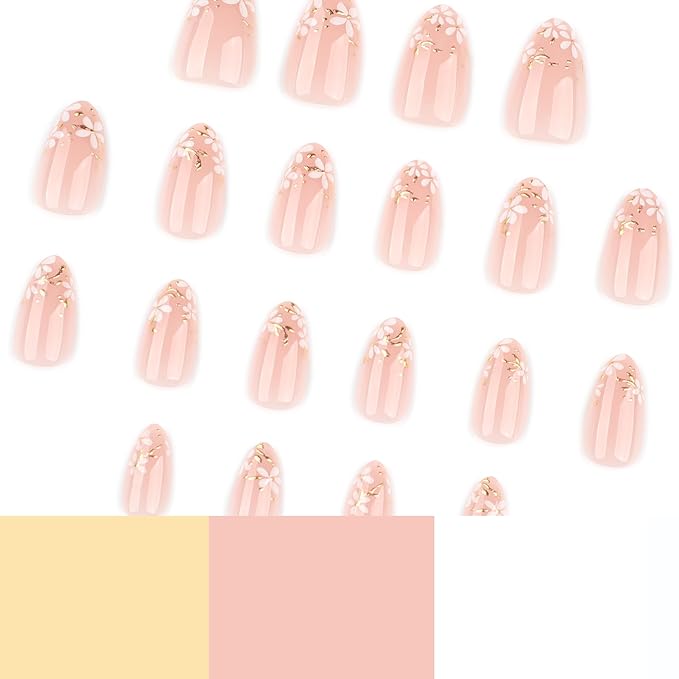 Short Press On Nails Almond, Nude Pink Fake Nails with White Floral & Gold Foil Detail, Glossy Gel Finish Acrylic Nails, Party Reusable Glue On Nails Kit for Women, 24Pcs