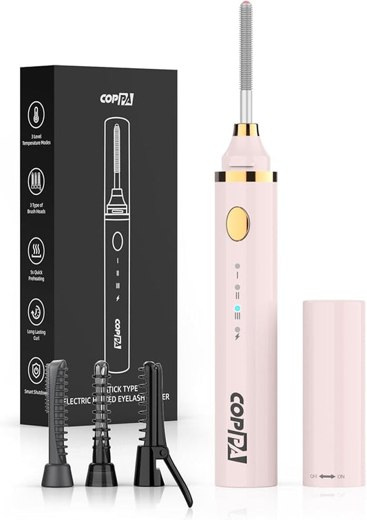 COPPA Electric Lash Curler, LP-1 Lipstick Type 3-in-1 Heated Eyelash Curler with 3 Brush Heads 3 Curling Modes and 3 Temp & 5s Quick Heat-up, Perfect for Beginners and Makeup Pros, Pink