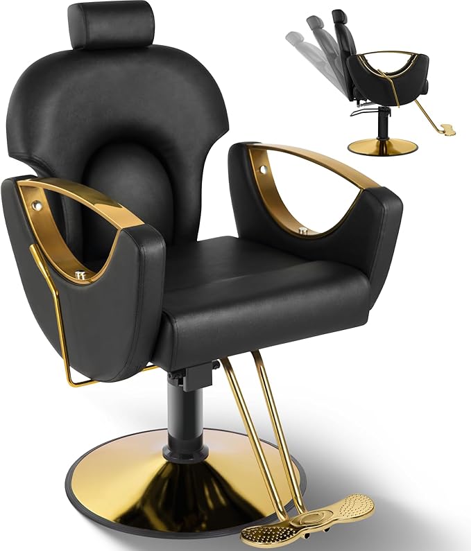 Salon Chair Reclining Barber Hair Chair for Hair Stylist with Heavy Duty Hydraulic Pump, 360 Swivel Styling Beauty Spa Tattoo Equipment for Home Barbershop, Black Gold