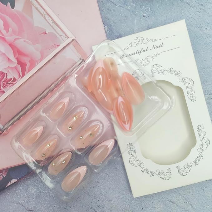 24Pcs Pink French Tip Press on Nails Almond Medium Fake Nails Nude Pink Acrylic Nails Gold Star Rhinestones Artificial Stick on Nails Full Cover Glossy Glue on Nails for Women Girls Daily Wear