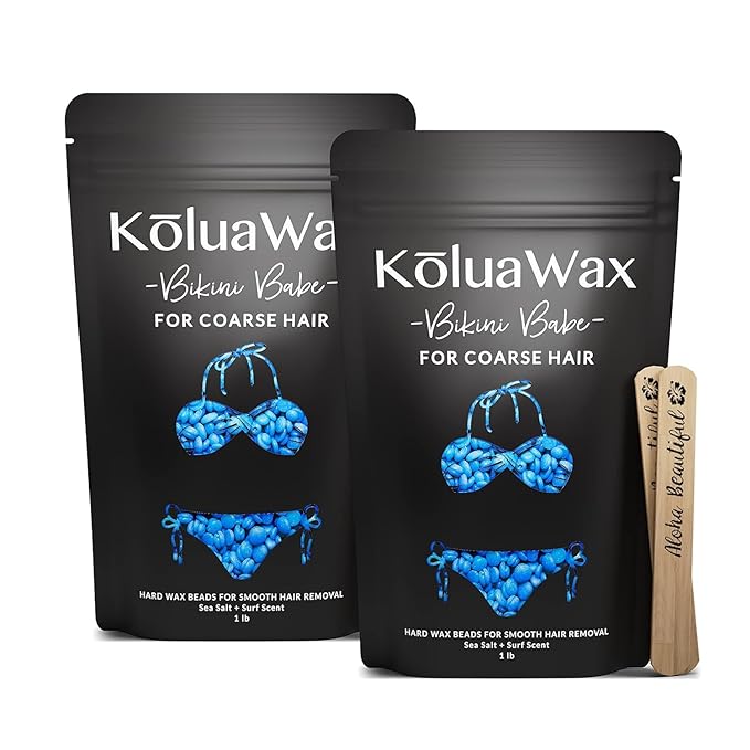 KoluaWax Hard Wax Beads for Hair Removal – Coarse Hair Formula – Face, Brazilian, Underarms, Back Chest, Bikini Waxing – Sea Salt & Surf, 1lb Refill for Wax Warmers & 10 Large Applicator Sticks 2 Pack