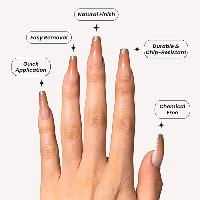 Perfect Look Press On Nails - Coral Shine | No Glue One-Day Coffin Nails, Peach Ombre Nails with Glitter French Tips - 24 Pcs Nail Kit with Adhesive Tabs