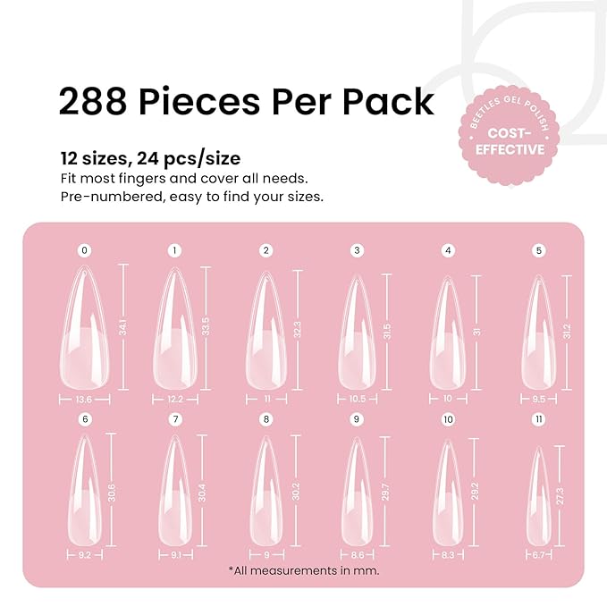 Beetles Gel Nail Tips Etch-X, Stiletto Medium, 288Pcs 12 Sizes, Pre-Etched Half Matte Full Cover Soft Acrylic False Nail Tips Pre-Shaped Easy DIY Fall Halloween Nail Extension Salon Gift for Women