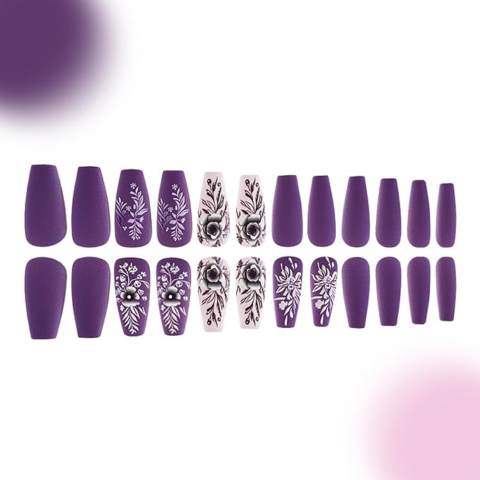24Pcs Purple Press on Nails Medium Ballet Shaped Flower 3D Pattern Design Full Cover Frosted Acrylic False Nail Press Ons Artificial Fingernails Medium Stick on Nail DIY Glue on Nails for Women