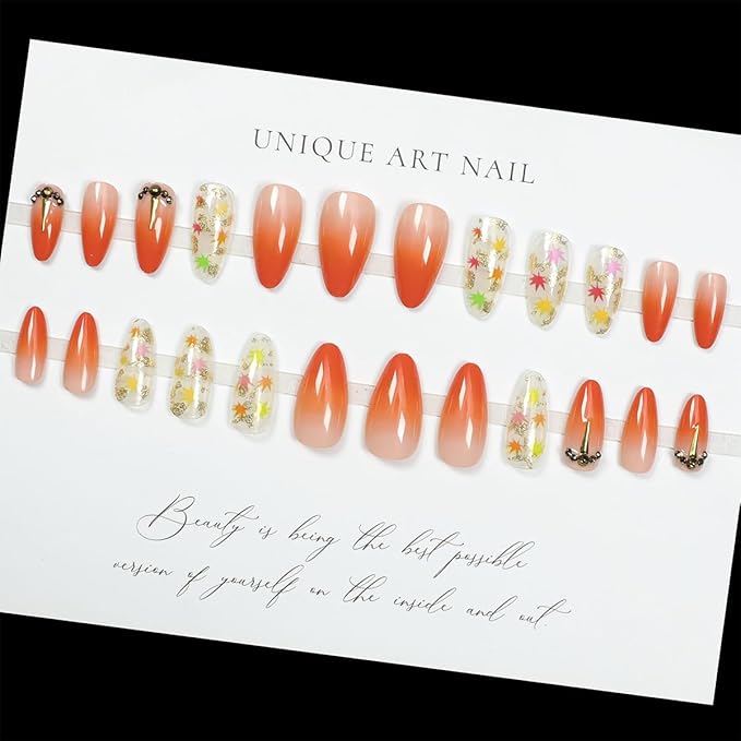 24Pcs Maple Leaf Press on Nails Almond Medium Fake Nails Fall False Nails with Maple Leaves Designs Gradient French Glue on Nails Full Cover Artificial Nails for Women Autumn Nail Art Decoration