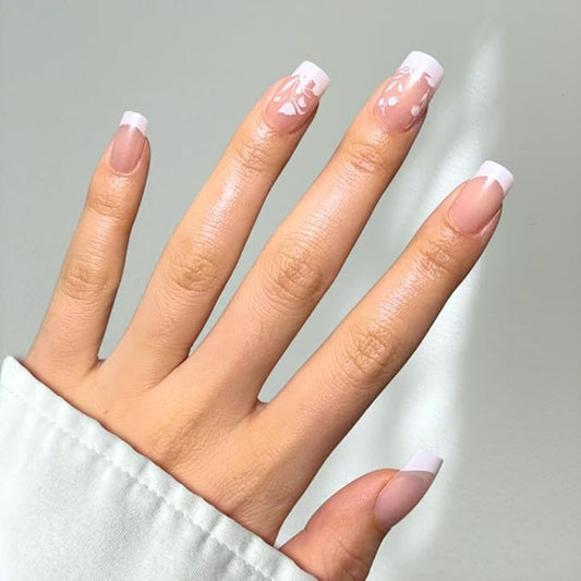 Perfect Look Press On Nails - Floral French | No Glue One-Day Medium Square Nails, Nude Glossy Nails with Flower Tips - 24 Pcs Nail Kit with Adhesive Tabs