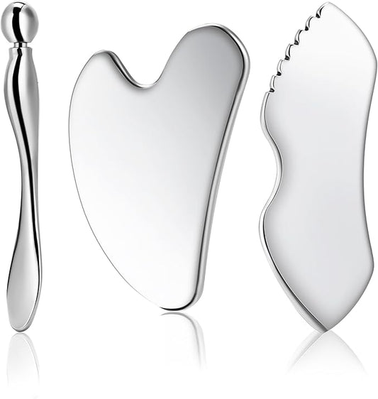 Gua Sha Facial Tools, 3 in 1 Stainless Steel Metal Guasha & Eye Cream Applicator Facial Sculpting Tool Set Eye Massager Lymphatic Drainage for Face Neck (Plastic Box 3, Count, 3)