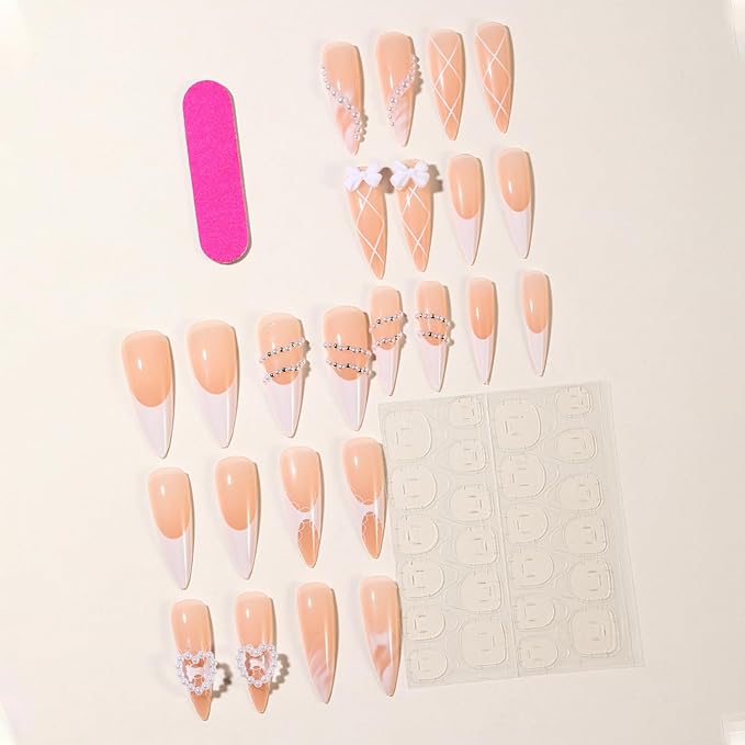 Long Press on Nails 24pcs French Tip Fake Nails 3D Pearl Heart Bow Design Nude Pink Press On White Pearl Summer Nails French Fingertips Almond Full Cover False Nails Cute Stick on Nail Accessories