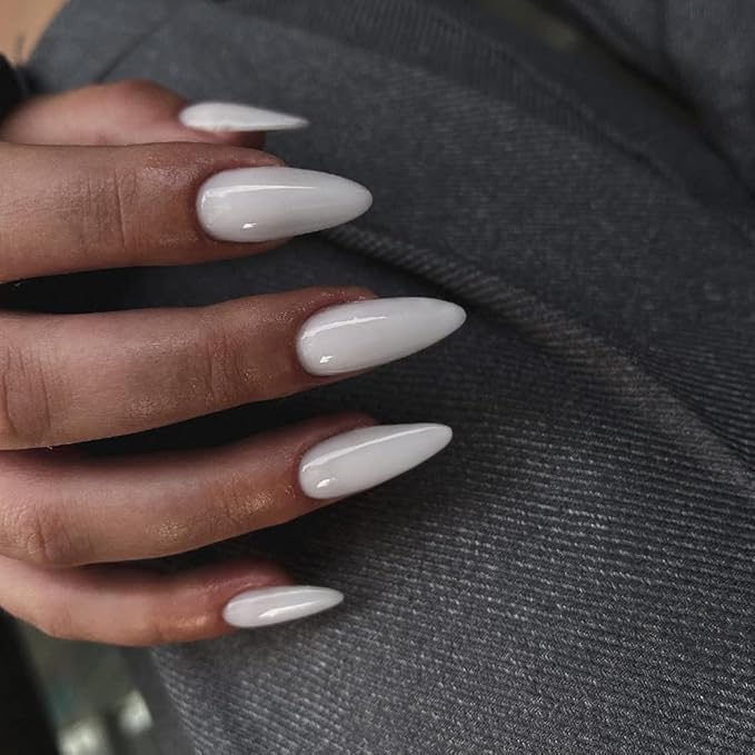 48Pcs White Press on Nails Almond Fake Nails Glue on Nails Medium Length Almond Shaped Nails Press ons, Stiletto Nails False Nails for Women, Medium Almond Nails, Thick Natural Acrylic Gel Nails