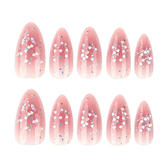 Cute Pink Glitter Press On Nails Almond Shape – Medium Length Nude Gradient Acrylic Fake Nails with Iridescent Hearts & Confetti, 24Pcs Glossy Stick On Nails Kit with Glue for Girls & Women Party