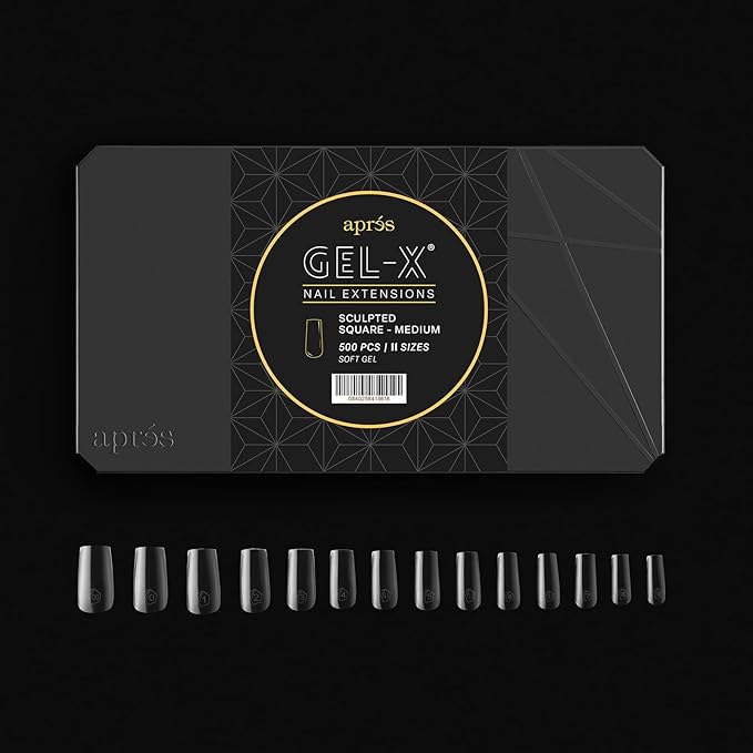 Aprés Gel-X® Scupted Square Medium Tip Box | 500pc Gel-X Tips, 11 Sizes 00-9, Premium Quality