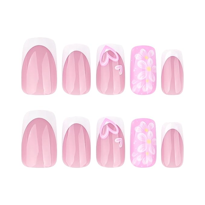 Flowers Press on Nails Square Medium Fake Nails White French Tip False Nails Pink Glossy Full Cover Glue on Nails Heart Artificial Stick on Nail for Women Manicure DIY