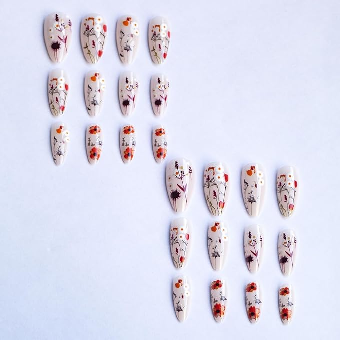 Flower Press on Nails Long Almond Fake Nails Glossy Nude False Nails Summer Flowers Design Acrylic Reusable Stick on Nail Full Cover Daisy Glue on Nail Art for Women DIY Salon Manicure Kit