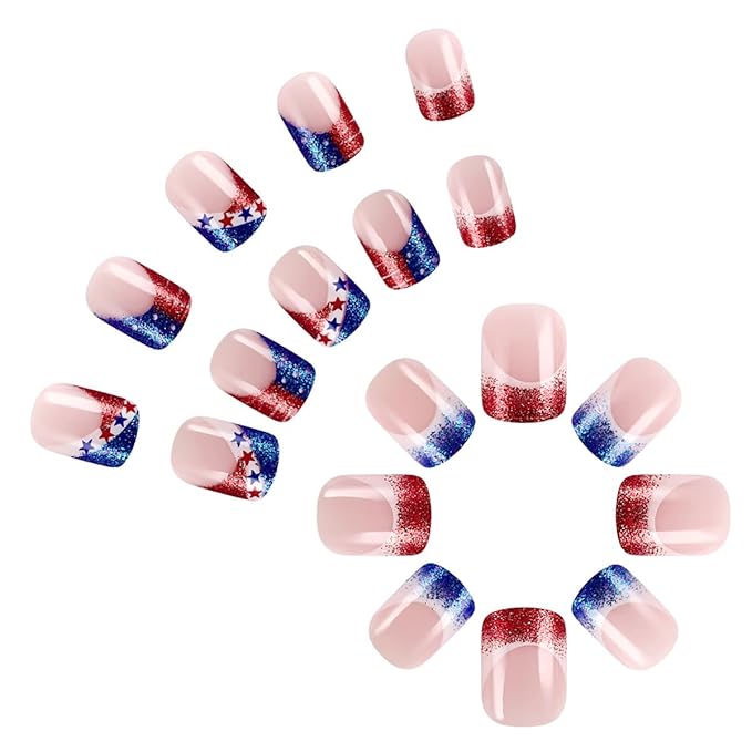 24Pcs Independence Day Nails French Tip Press on Nails Short Square Fake Nails Glitter Nails Tip Acrylic Nails 4th of July False Nails Patriotic Glue on Nails Star Artificial Nail for Holiday Manicure