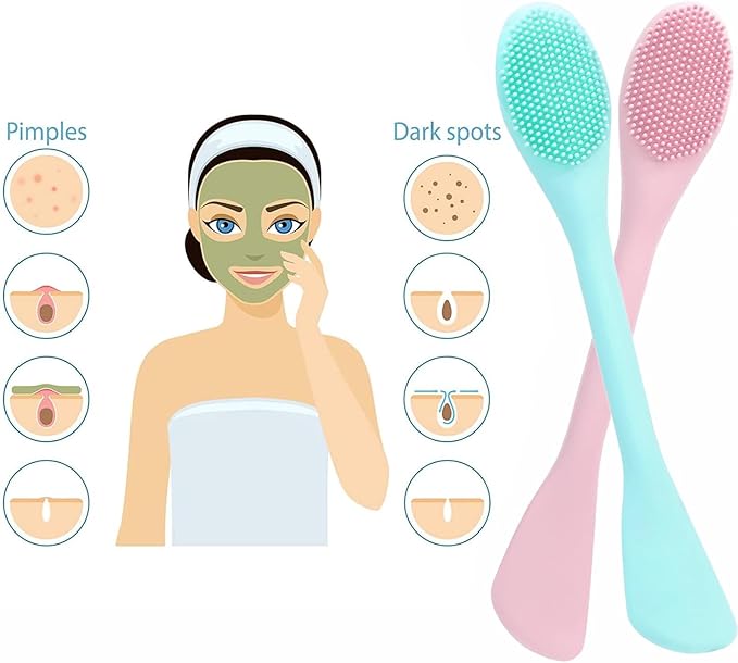 Pore Scrubber, Double-End Silicone Face Mask Brush Silicone Face Scrubber, 2Pcs Soft Mask Applicator Tool for Facial Mud,Facial Cleansing Brushes for Makeup Skincare Removal,Pink and Green