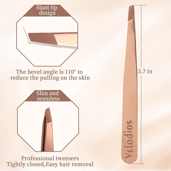Precision Stainless Steel Tweezer for Eyebrows, Facial Hair and Fine Hairs Removal, Slant Tip Eyebrows Tweezers with Leather Case (Rose Gold)