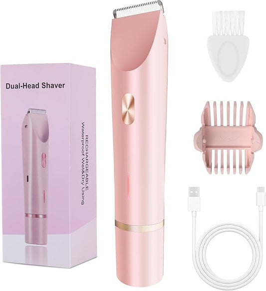 2-in-1 Bikini Trimmer for Women, Bikini Shaver with Dual Heads, Painless Body and Facial Hair Removal, Rechargeable Cordless Electric Razors for Face Chin Pubic Underarm Legs, IPX7 Waterproof, Pink