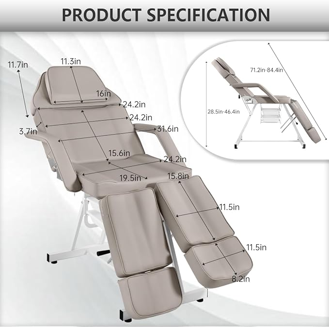 Tattoo Chair with Stool, Facial Bed Adjustable Legs Foldable Facial Chair Spa Bed for Client for Beauty Capacity 330lbs Gray
