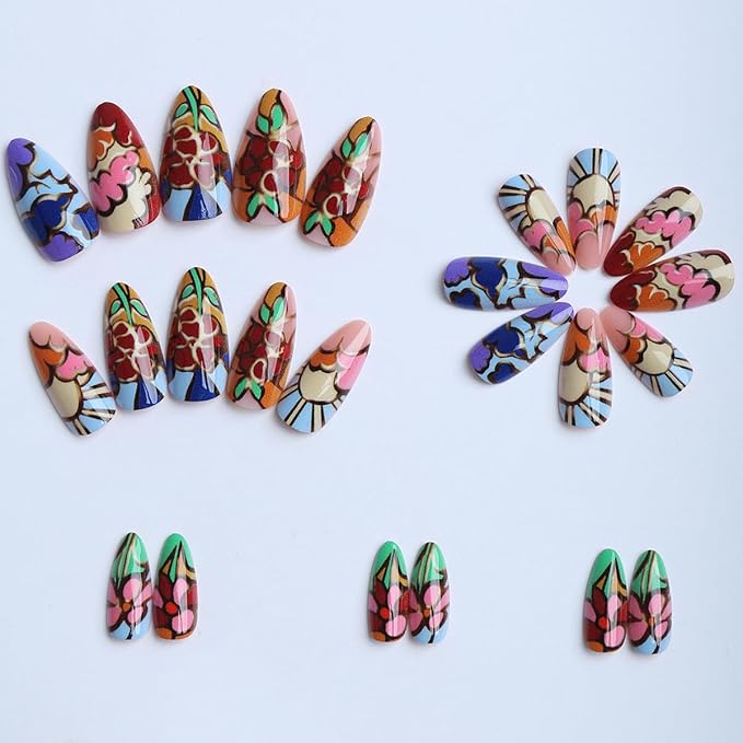 Press on Nails Almond Fake Nails Colorful False Nails with Gold Line Stripes Design Glossy Full Cover Glue on Nails Press ons Medium Acrylic Nail for Women Manicure 24Pcs