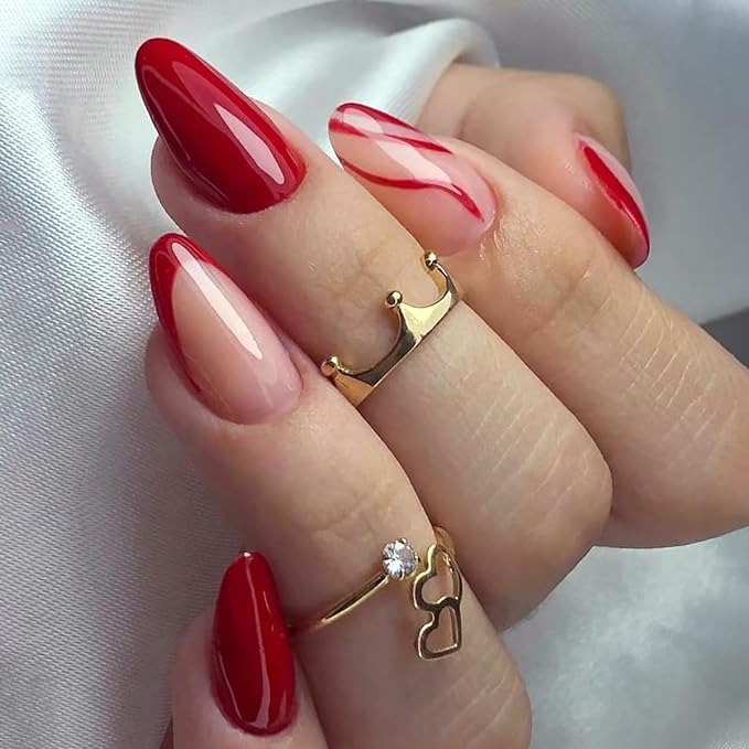 Red Press on Nails Medium Almond Fake Nails French Tip False Nails with Designs Line Stripe Acrylic Nails Glossy Glue on Nails Full Cover Stick on Nails for Women Girls