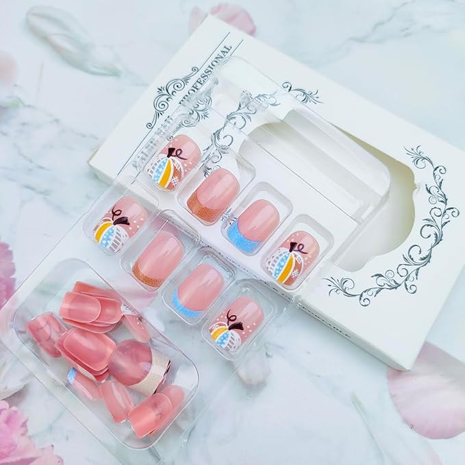 24Pcs Halloween French Tip Press on Nails Short Square Fake Nail Fall False Nail with Colorful Pumpkin Leaf Designs Blue Brown French Tip Nails Press ons Full Cover Glossy Glue on Nails for Women