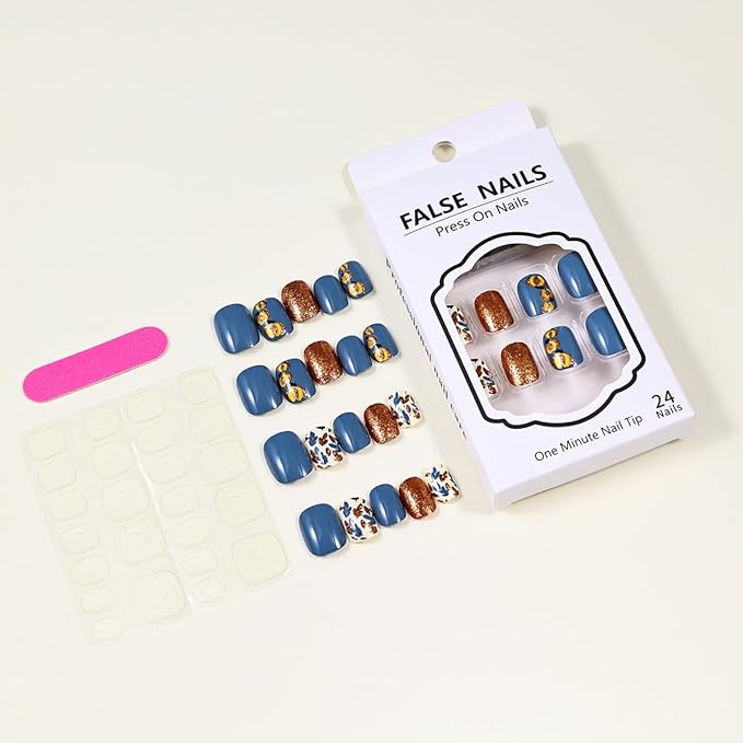 24pcs Short Square Fall Press on Nails Gold Pumpkin Fake Nail Autumn Leaves False Nails with Designs Blue Pure Color Gold Glitter Acrylic Glue on Nails for Women Thanksgiving & Autumn Nail Art