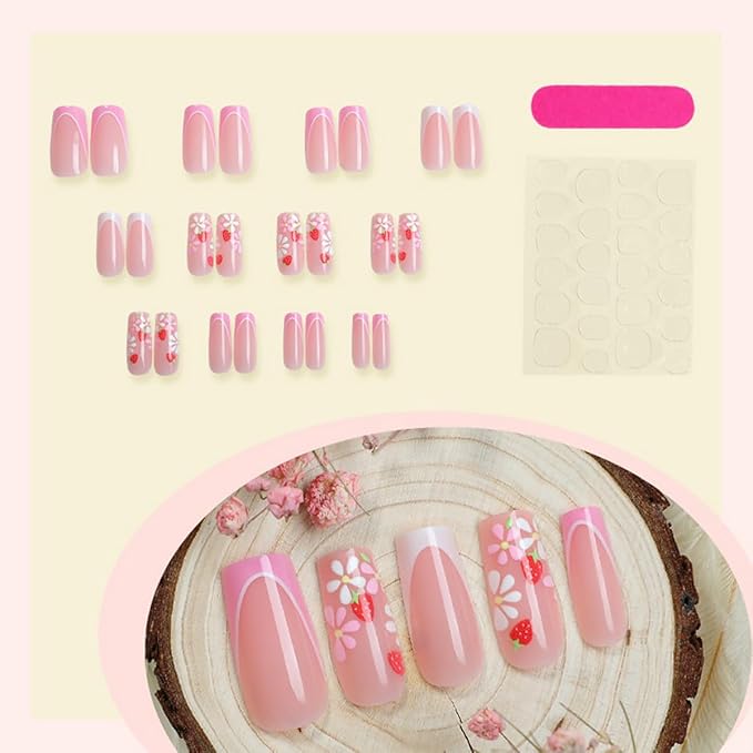 24Pcs Flower Press on Nails Medium Square French Tip Fake Nails with Colour 3D Flower Design Glossy Stick on Nails Full Cover Artificial Glue on Nails Spring Nail Supplies for Women Reusable Nails Kit
