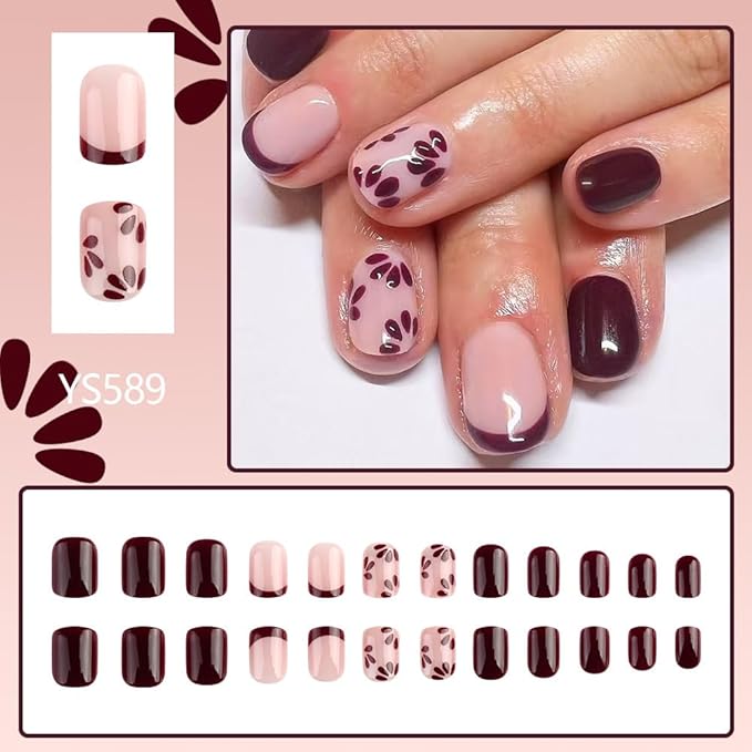 24Pcs Square Press on Nails Short Fake Nails with Brown Red Flower Designs Full Cover Glossy Acrylic False Nails Natural Fit French Tip Glue on Nails Stick on Nails for Women Spring Summer Nail Art