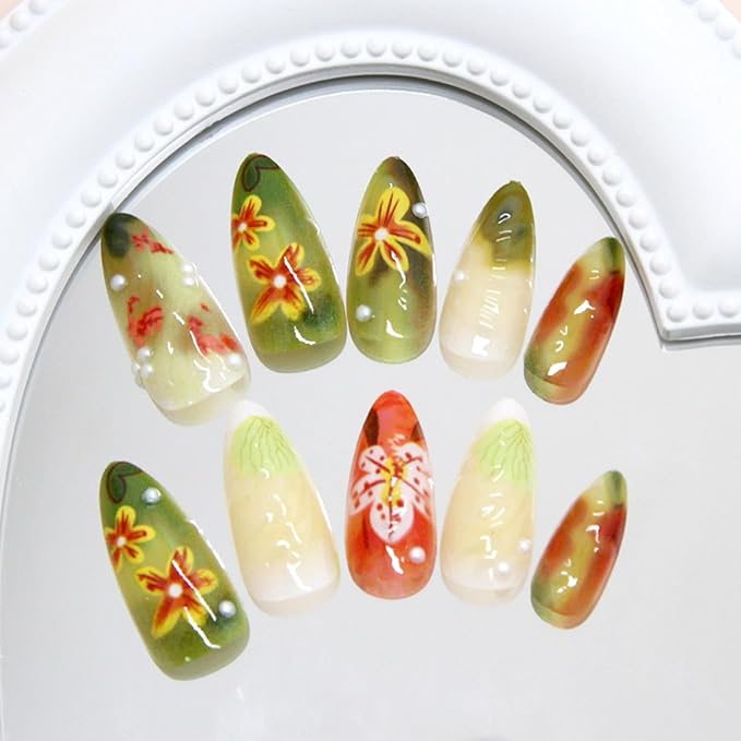 24pcs Flower Press on Nails Almond False Nail Green Nails Tips with Flower Pearl Design False Nail Art Medium Press on acrylic Nails Cute Stick on Nails Manicure Handmade Fake Nail for Women