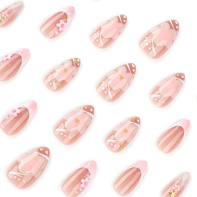 3D Flower Press on Nails 24Pcs White French Acrylic Full Cover Fake Nails Peach Blossom Gel Glue on Fingernails Glossy Pink Gradient Medium Almond False Nail Pearl Stick on Nail for Holiday Manicure