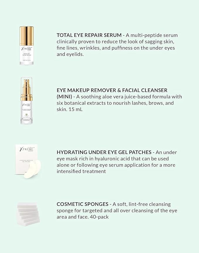 Xtreme Lashes Extend Your Beauty Rituals - Eye Treatments Kit - Lash Extension Safe, includes Serum, Under Eye Gel Patches, Cleanser, and Cosmetic Sponges