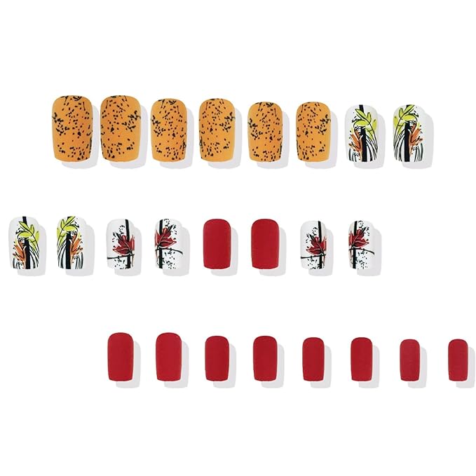24Pcs Fall Press on Nails Autumn Thanksgiving Fake Nails Medium Square False Nails Maple Leaf Graffiti Design Matte Acrylic Glue on Nail Full Cover Stick on Nail for Coquette Women