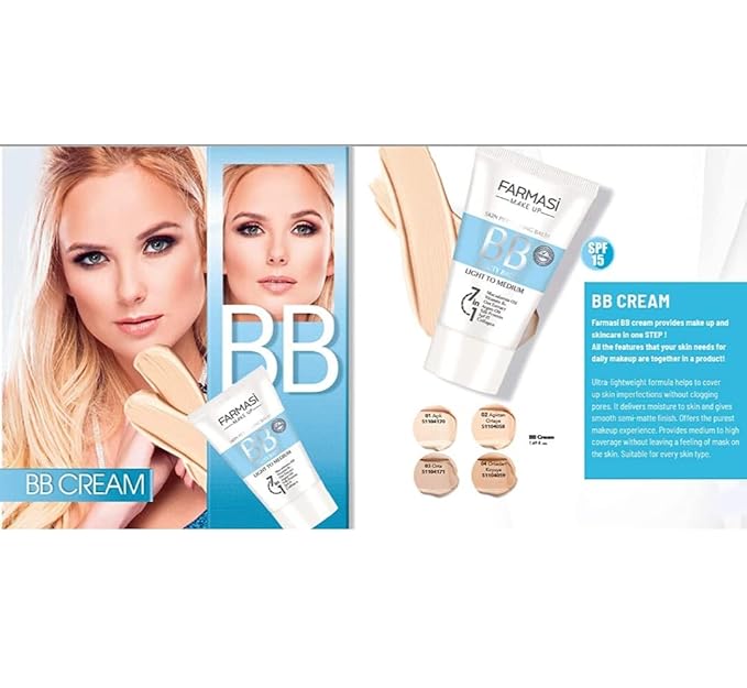 FARMASi Make Up BB Cream Beauty Balm, Full-Coverage Foundation, Concealer, Moisturizer BB Cream for All Skin Types, 1.7 fl. oz. / 50 ml (Light to medium)