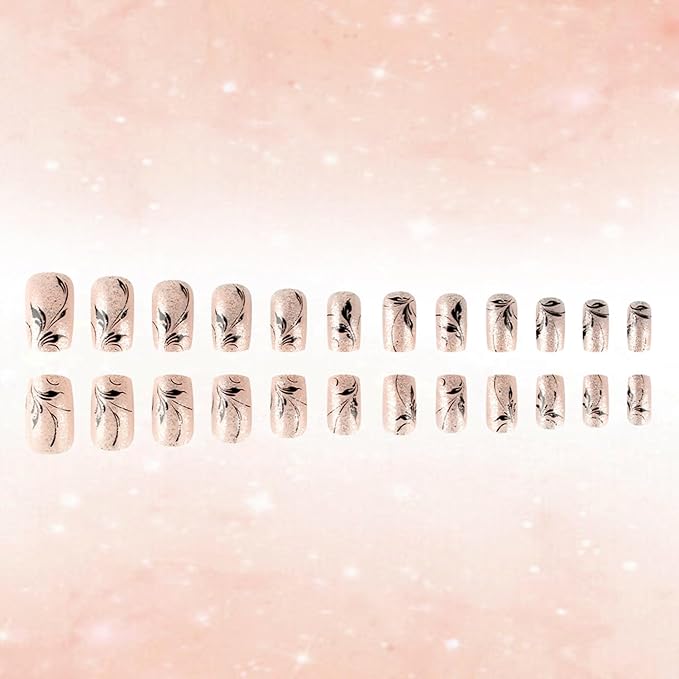 Fall Leaves Press on Nails Short Square False Nails With Glitter Design Full Cover Glue on Nail Reusable Black Leaves Acrylic Fake Nails Glossy Artificial Stick on Nail for Women