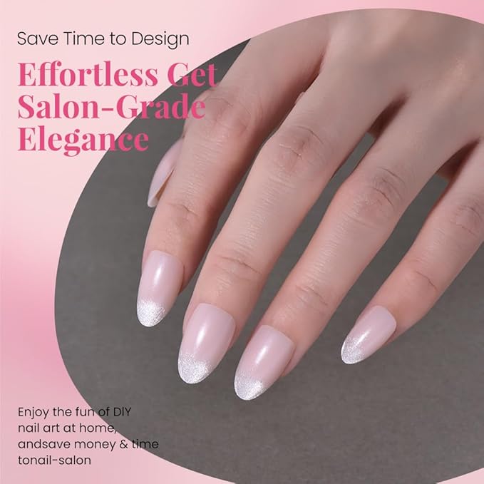 Cat Eye Press on Nails Short Almond - Nude Pink Shimmer Glossy French Tip Press on Nails for Gift, Soft Gel Press Glue On Nail with Nail Glue, Supremely Fit Full Cover Reusable Acrylic Fake Nails Kit