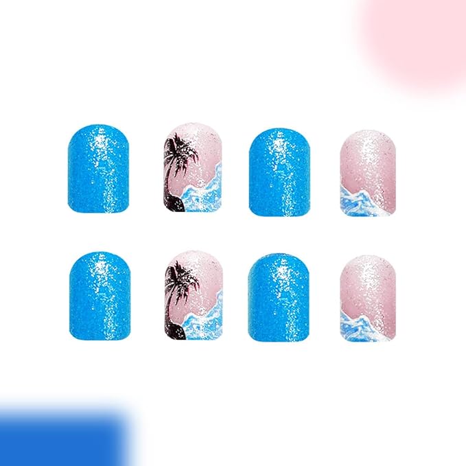 Blue Press on Nails Short Square Fake Nails with Designs Sea Wave False Nail Summer Glossy Full Cover Acrylic Nails Beach Glue on Nail Artificial Cute Stick on Nail for Women Manicure 24Pcs