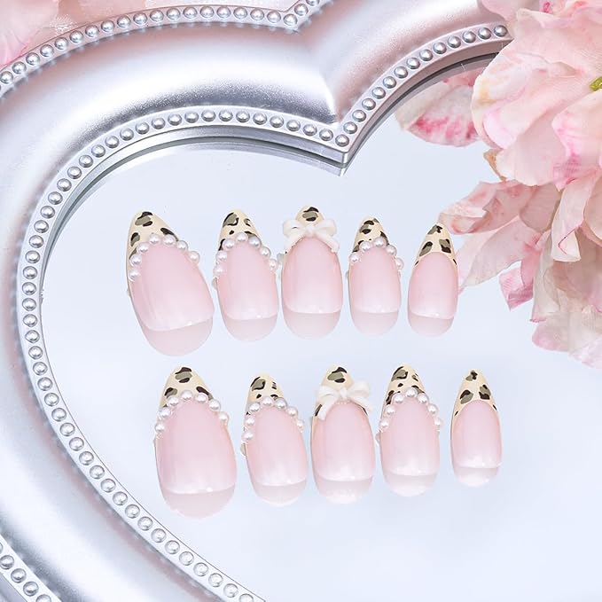 24Pcs Leopard Print French Tip Press on Nails Medium Almond Fake Nails Bow Glue on Nail 3D Pearl Gems Cute False Nails French Stick on Nail Bow Artificial Acrylic Nails for Women Daily Manicure Decor