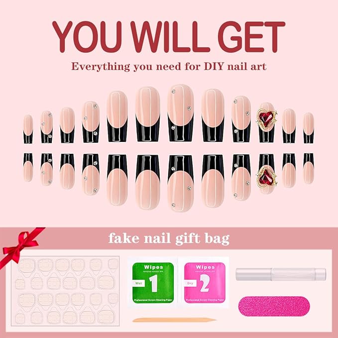 Yivaiks French Tip Nails - Black Press On Coffin Nails, Acrylic, 24pcs
