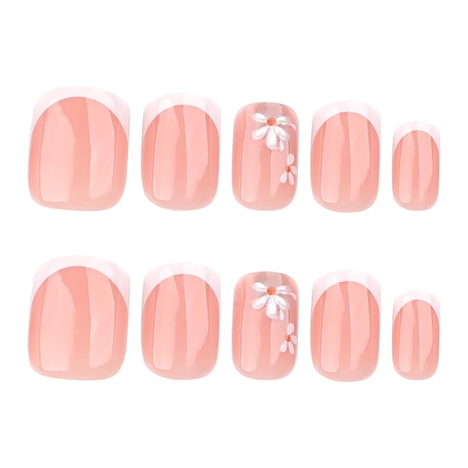 French Nude Press On Nails Short Square, Summer Fake Nails with White French Tip and 3D Daisy Flower Design, Glossy Gel Finish Acrylic Nails, Natural Reusable Glue On Nails Kit for Women, 24 Pcs