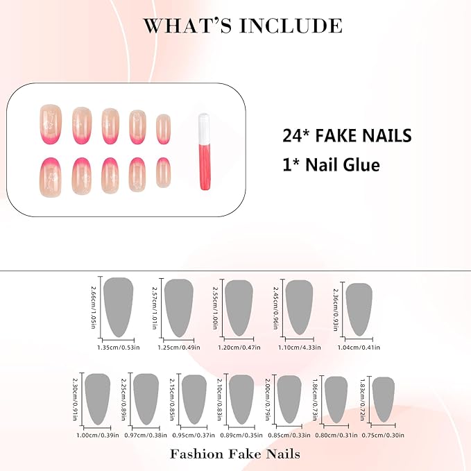 IMRAIN French Tip Press on Nails Almond Medium Fake Nails Pink Gradient Glossy Acrylic Nail Supplies White Flower Designs Glue on Nails Full Cover Oval False Nails for Women Girls 24Pcs