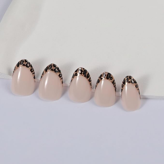 Nude Leopard French Tip Press On Nails Almond, Glossy Soft Gel Fake Nails with Nail Glue, 12 Sizes – 24PCS Thick Natural Reusable Glue On Nails for Women