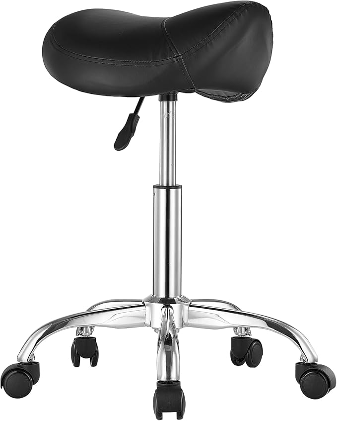 VEVOR Saddle Stool with Wheels, 450 LBS Weight Capacity Ergonomic Rolling Stool, Height Adjustable Thickened PU Leather Swivel Saddle Chair for Salon, Spa, Massage, Tattoo, Clinic, Black