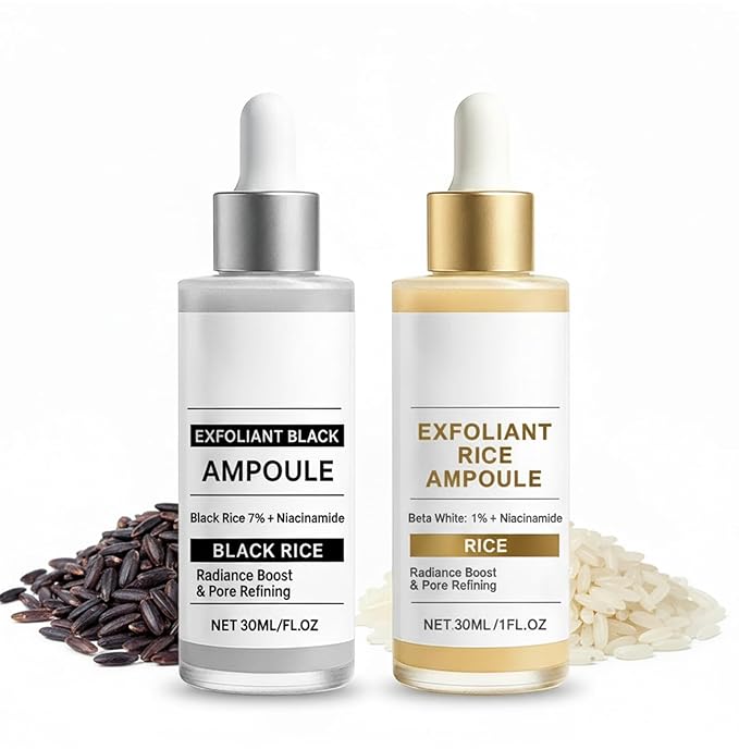 Black and White Rice Peeling Ampoule Duo, Soft Exfoliating Face & Body, Peel Shot Glow Scrub, Remove Dead Skin Cells, Blackheads and Pore Minimizing Serum, Hydrating Formula Serum for All Skin Types