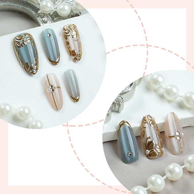 30Pcs Light Blue Press on Nails Medium Fake Nails Golden Leaf Almond Nails with Rhinestone Pearl Design Metallic Line French Manicure Tips Handmade Press on Cute Stick on Nails for Women