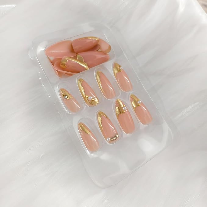 24Pcs Gold French Tip Press on Nails Medium Almond Fake Nails with Rhinestones Pearl Designs 3D Gilding False Nails Texture Line Gold Glue on Nail Reusable Artificial Stick on Nails for Women