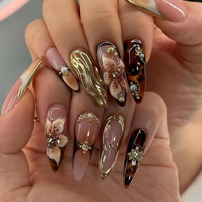 Long Almond Press on Nails Gold Fake Nails with 3D Floral Luxury Acrylic False Nail Stick on Nail for Women 24pcs