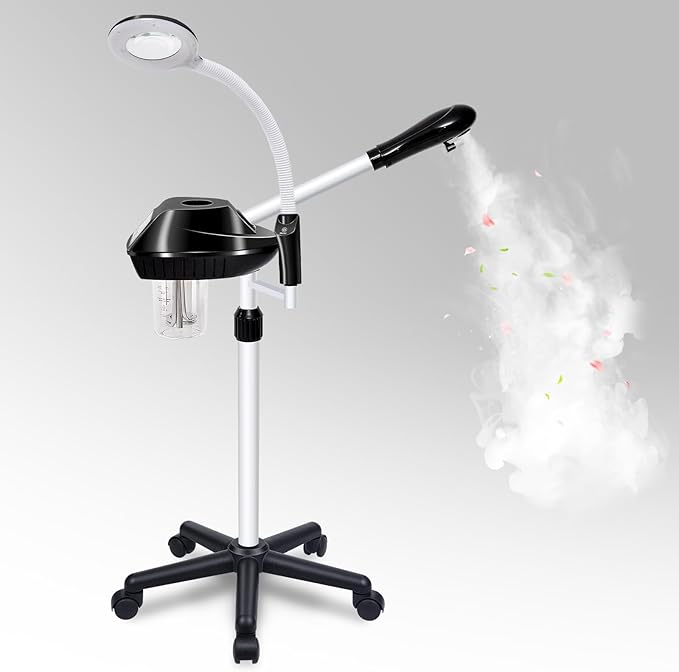 Professional Facial Steamer, 2 in 1 Facial Steamer on Wheels with 5X Magnifying Lamp, Steamer for Face Adjustable Height, Steamer for Facial for Salon, Spa and at Home Use