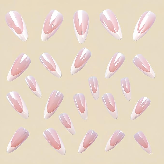 French Tip Press on Nails Medium Almond Fake Nails Press ons with Designs Chrome False Nails Long Glossy Full Cover Glue on Nails Cute Acrylic Stick on Nail for Women Nail Manicure Decoration 24Pcs