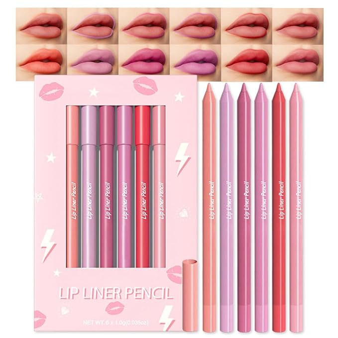 evpct 6Pcs Long-Lasting Lip Liner Pencils Set for Shaping & Sculpting Lips, Light Orange Berry Rose Red Purple Coral Pink Waterproof Longwear Matte Rich Lip Colors Liner Crayon Lipstick 03